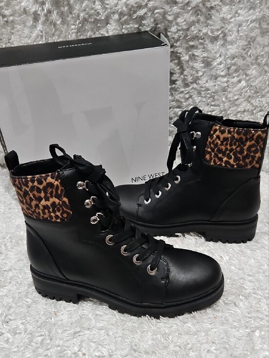 Nine West Shoes - Nine West Black Lace-Up Combat Boot with Leopard Cuff